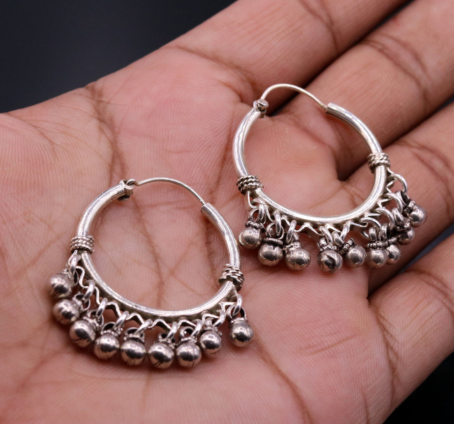 925 Sterling silver handmade fabulous hoops earrings with hanging bells amazing antique designer earrings jewelry for girl's s334 - TRIBAL ORNAMENTS