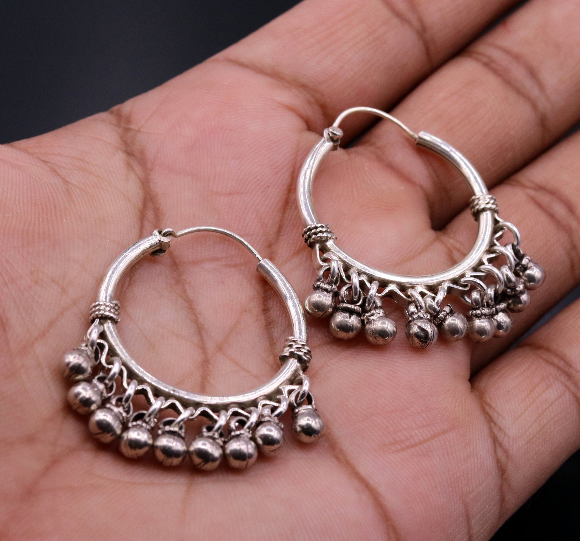 925 Sterling silver handmade fabulous hoops earrings with hanging bells amazing antique designer earrings jewelry for girl's s334 - TRIBAL ORNAMENTS