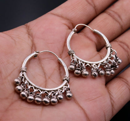 925 Sterling silver handmade fabulous hoops earrings with hanging bells amazing antique designer earrings jewelry for girl's s334 - TRIBAL ORNAMENTS