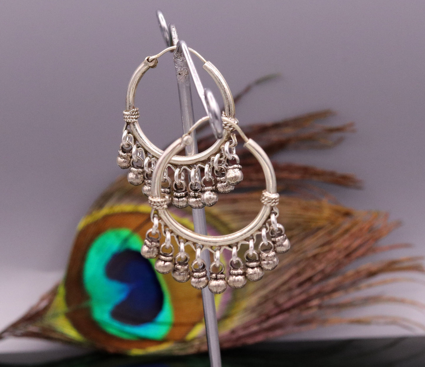 925 Sterling silver handmade fabulous hoops earrings with hanging bells amazing antique designer earrings jewelry for girl's s334 - TRIBAL ORNAMENTS