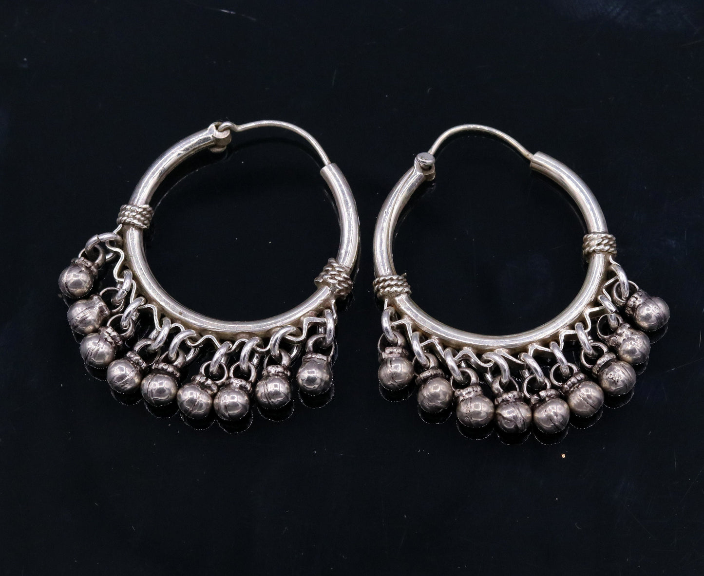 925 Sterling silver handmade fabulous hoops earrings with hanging bells amazing antique designer earrings jewelry for girl's s334 - TRIBAL ORNAMENTS