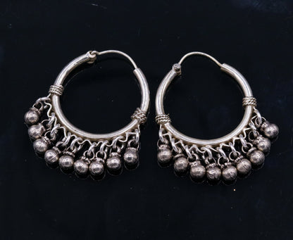 925 Sterling silver handmade fabulous hoops earrings with hanging bells amazing antique designer earrings jewelry for girl's s334 - TRIBAL ORNAMENTS