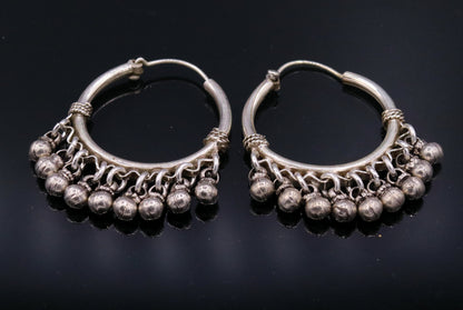 925 Sterling silver handmade fabulous hoops earrings with hanging bells amazing antique designer earrings jewelry for girl's s334 - TRIBAL ORNAMENTS