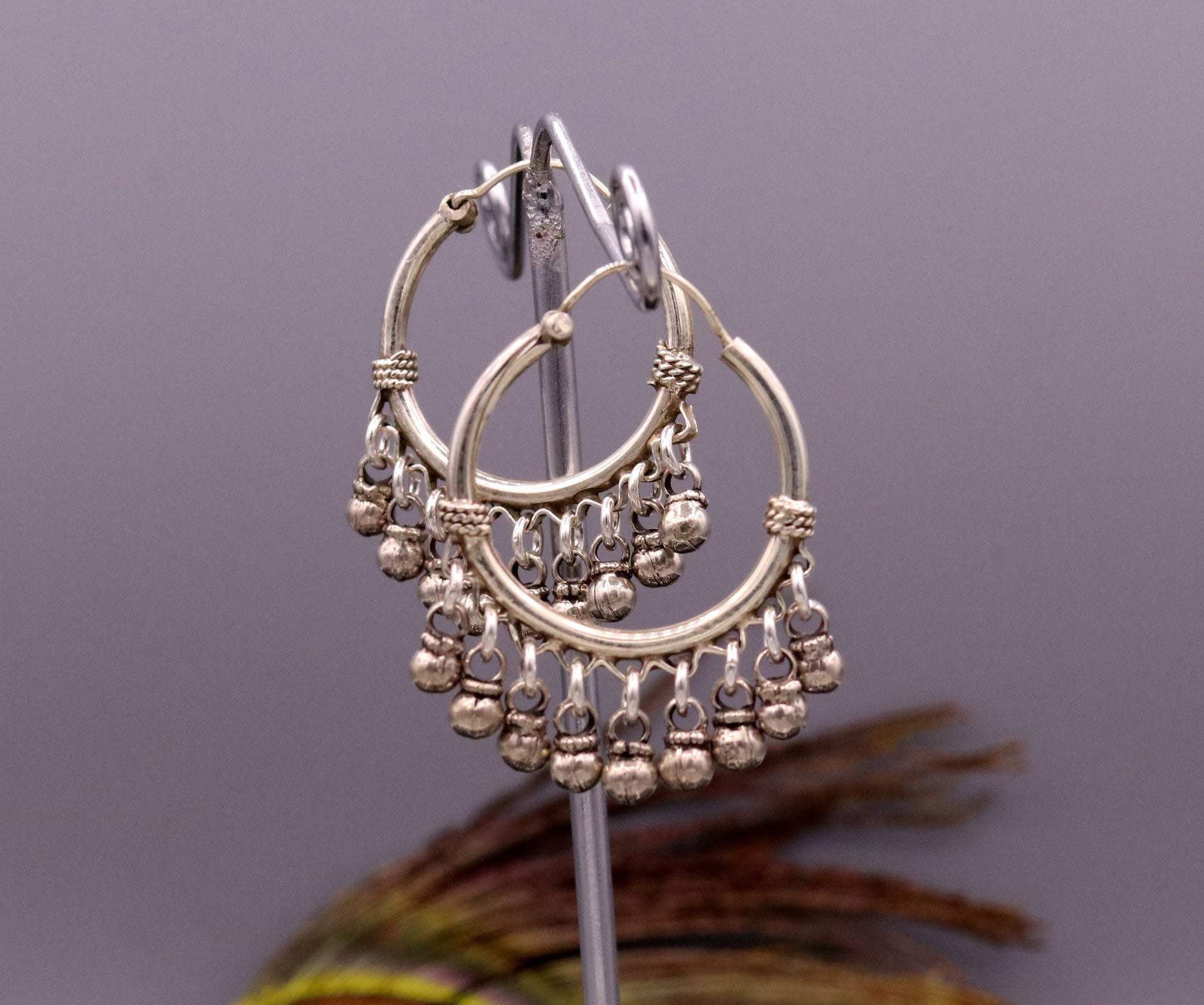 925 Sterling silver handmade fabulous hoops earrings with hanging bells amazing antique designer earrings jewelry for girl's s334 - TRIBAL ORNAMENTS