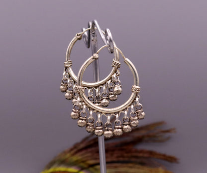 925 Sterling silver handmade fabulous hoops earrings with hanging bells amazing antique designer earrings jewelry for girl's s334 - TRIBAL ORNAMENTS