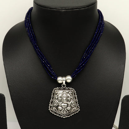 925 sterling silver Ganesha pendant with purple navy jade beads on an adjustable tribal jewelry necklace set.