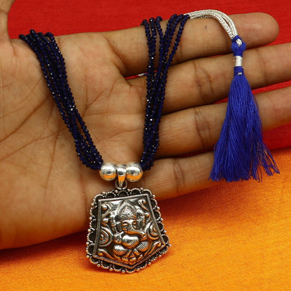 925 sterling silver Ganesha pendant with purple navy jade beads on an adjustable tribal jewelry necklace set.
