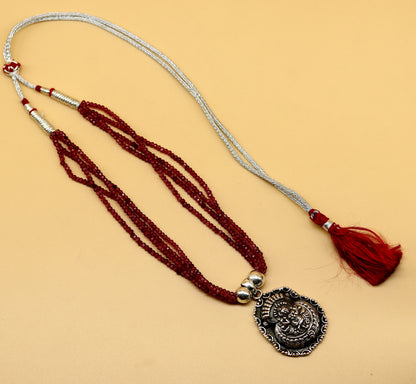 Sterling silver Krishna pendant necklace with purple jade stone beads, tribal jewelry set featuring adjustable design.
