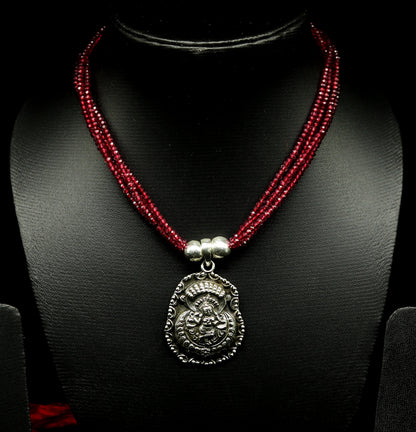 925 sterling silver Krishna pendant necklace with purple jade stone beads, tribal jewelry set with adjustable design.