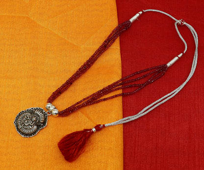 925 sterling silver Krishna pendant with purple jade beads on adjustable tribal necklace, part of tribal jewelry set.