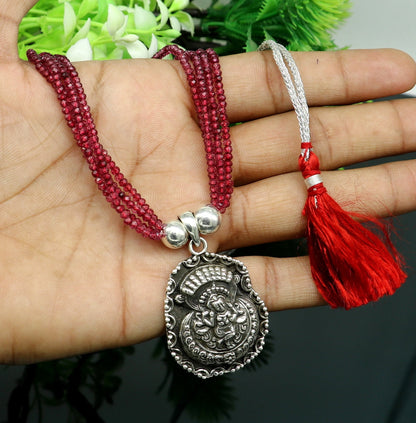 925 sterling silver Krishna pendant with purple jade beads on an adjustable tribal necklace, part of a tribal jewelry set.