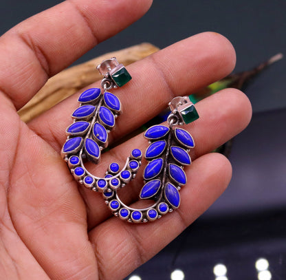 925 Sterling silver handmade leaf-style gemstone jadau stud earring by TRIBAL ORNAMENTS, elegant silver ear jewelry for gifting.