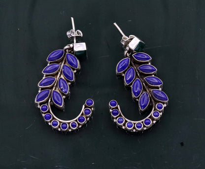 Sterling silver leaf-style gemstone jadau stud earrings by TRIBAL ORNAMENTS, handcrafted silver ear jewelry for gifting.