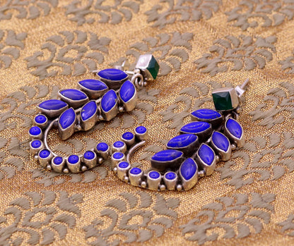 Sterling silver leaf-style jadau stud earring with colorful gemstones, handcrafted designer ear jewelry by TRIBAL ORNAMENTS.