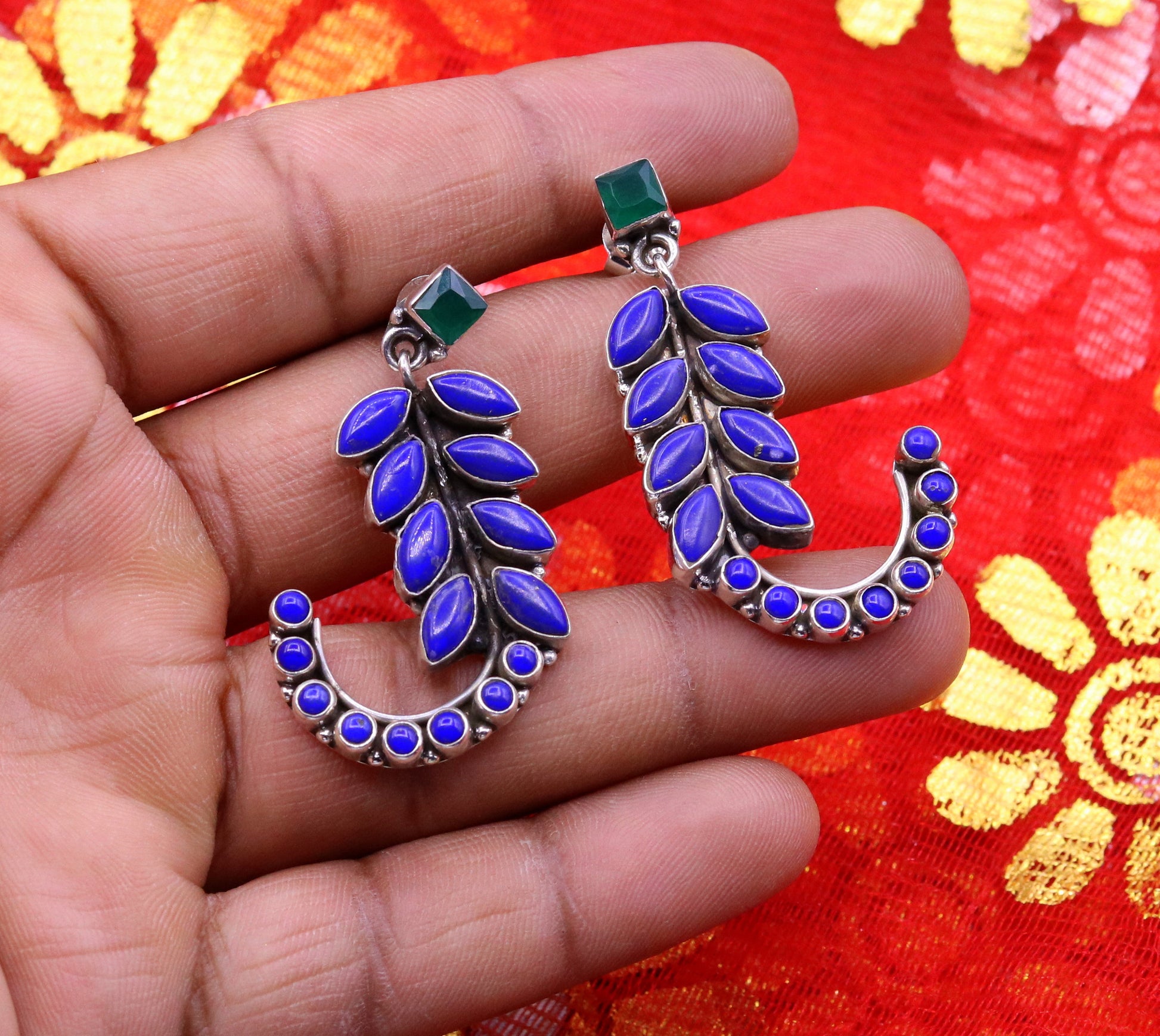 Sterling silver leaf-style gemstone jadau stud earrings by TRIBAL ORNAMENTS, handmade silver ear jewelry for gifting.