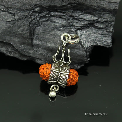 Sterling silver Rudraksh and trident-shaped pendant with hanging drops, handmade tribal jewelry by TRIBAL ORNAMENTS.