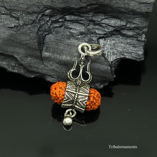 925 sterling silver handmade fabulous natural rudraksh lord shiva trident shape vintage design pendant with hanging drops jewelry nsp377 - TRIBAL ORNAMENTS