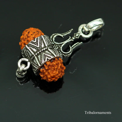 925 sterling silver Rudraksh pendant with trident shape and hanging drops, handcrafted tribal jewelry with vintage design.