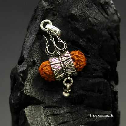 Sterling silver Rudraksh and trident-shaped pendant with hanging drops, handcrafted tribal jewelry by TRIBAL ORNAMENTS.