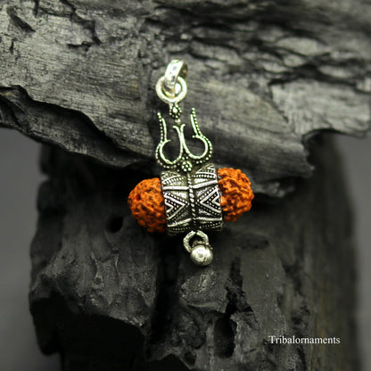 Sterling silver Rudraksh and trident-shaped pendant with hanging drops, handmade tribal jewelry by TRIBAL ORNAMENTS.