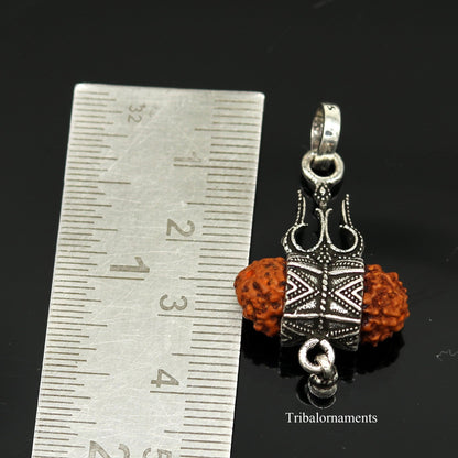 925 sterling silver Rudraksh pendant with trident shape and hanging drops, handcrafted tribal jewelry by TRIBAL ORNAMENTS.
