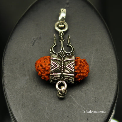 925 sterling silver Rudraksh and trident-shaped pendant with hanging drops, handcrafted tribal jewelry with vintage design.
