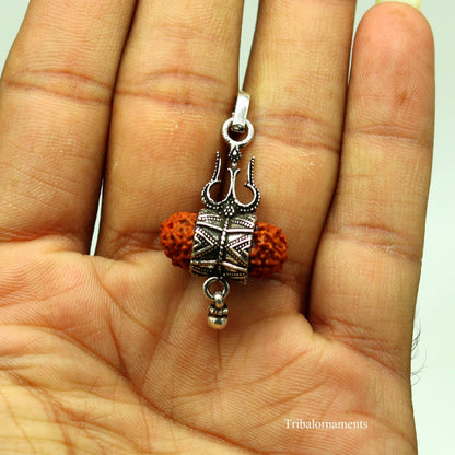 925 sterling silver Rudraksh and trident shape pendant with hanging drops, handcrafted tribal jewelry by Tribal Ornaments.