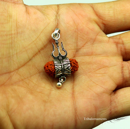 925 sterling silver Rudraksh and trident-shaped pendant with hanging drops, handmade tribal jewelry featuring Lord Shiva motif.