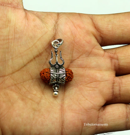 925 sterling silver Rudraksh Lord Shiva pendant with trident shape and hanging drops, crafted by Tribal Ornaments.
