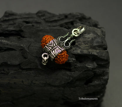 Sterling silver Rudraksh and trident-shaped pendant with hanging drops, handmade tribal jewelry by TRIBAL ORNAMENTS.