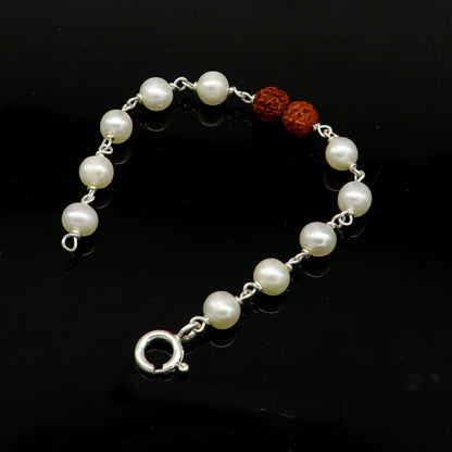 925 sterling silver baby bracelet with natural white pearl beads and Rudraksha, handcrafted jewelry for kids by TRIBAL ORNAMENTS