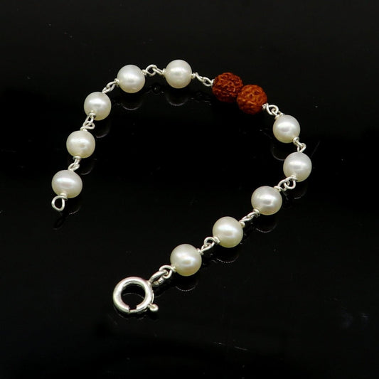 925 sterling silver handmade fabulous natural white pearl beaded baby bracelet with rudraksha, best gift for kids bracelets jewelry bbr02 - TRIBAL ORNAMENTS