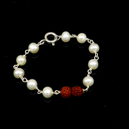 925 sterling silver baby bracelet with white pearl beads and rudraksha, handmade kids jewelry by TRIBAL ORNAMENTS.