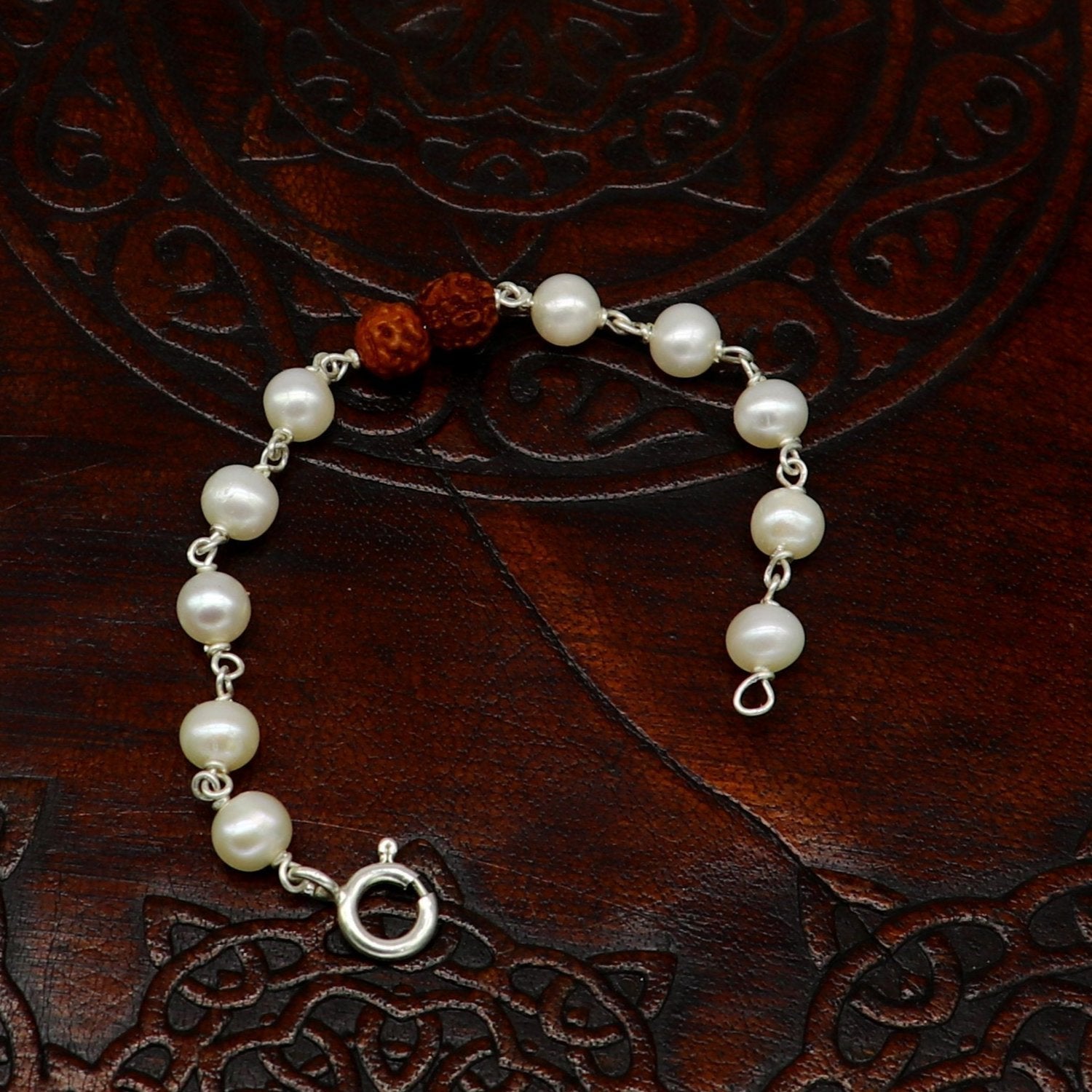 925 sterling silver handmade fabulous natural white pearl beaded baby bracelet with rudraksha, best gift for kids bracelets jewelry bbr02 - TRIBAL ORNAMENTS