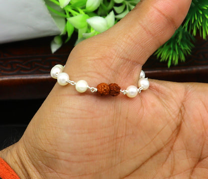 925 sterling silver baby bracelet with natural white pearl beads and Rudraksha, handmade tribal jewelry for kids.