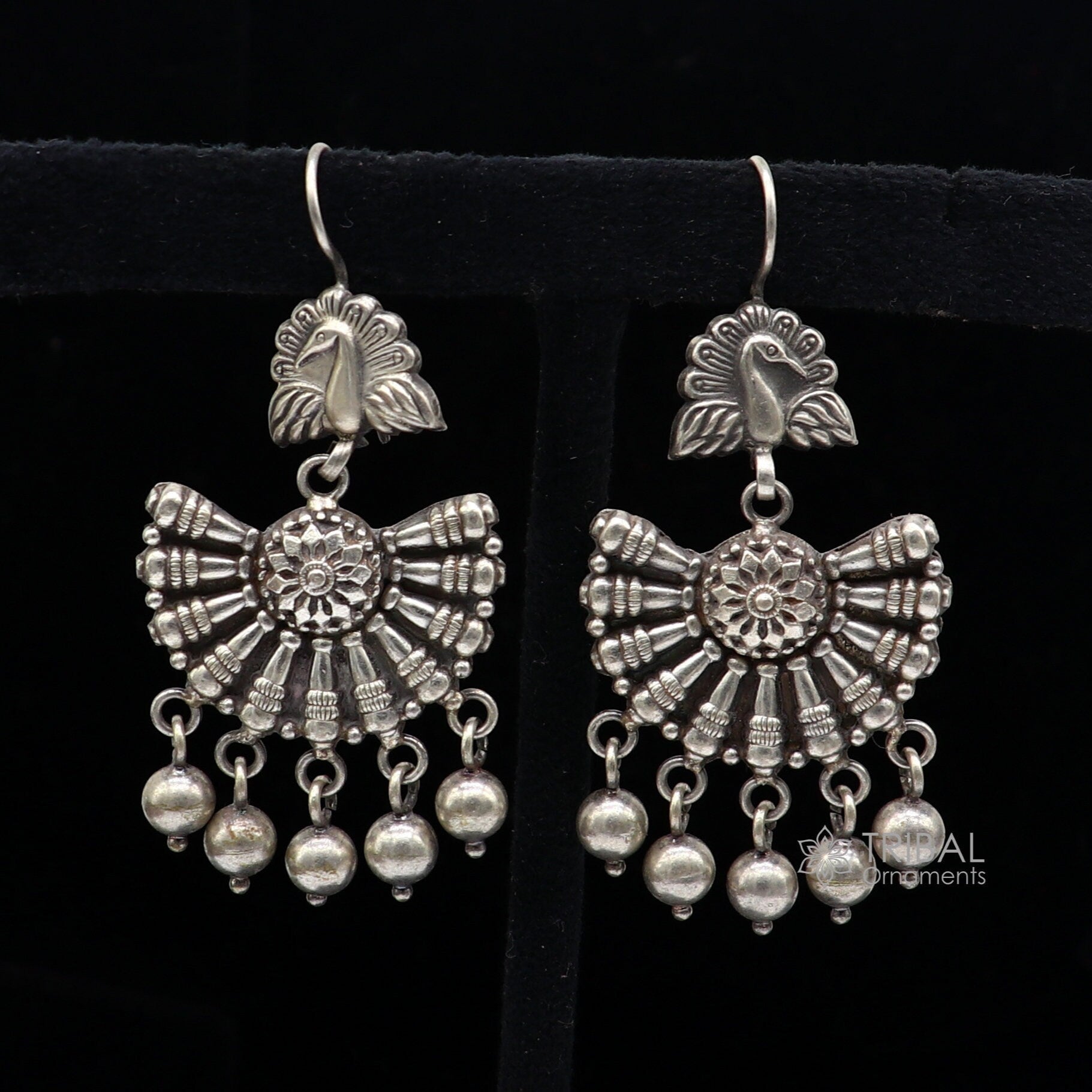 925 sterling silver handmade fabulous peacock design hoops earrings with hanging drops tribal ethnic brides jewelry belly dance india s1160 - TRIBAL ORNAMENTS