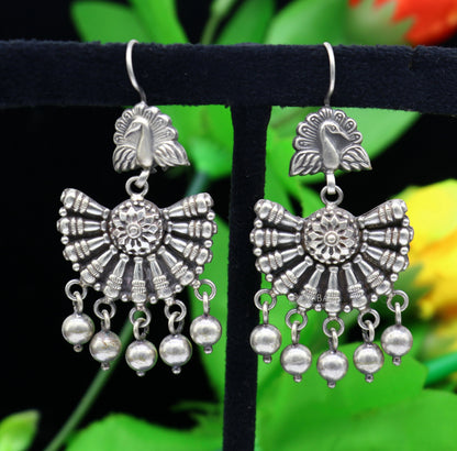 925 sterling silver handmade fabulous peacock design hoops earrings with hanging drops tribal ethnic brides jewelry belly dance india s1160 - TRIBAL ORNAMENTS