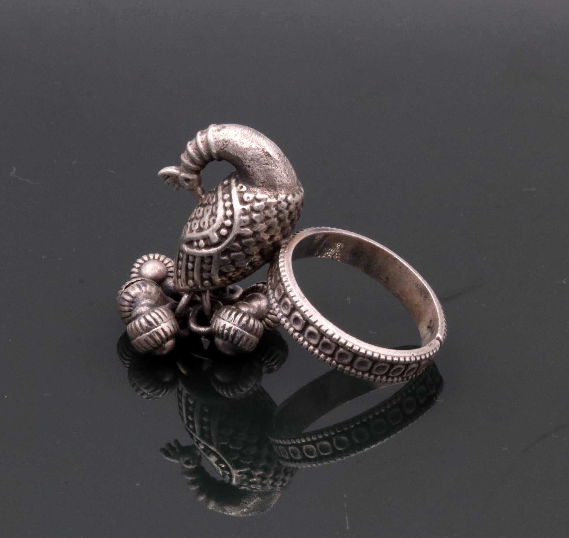 925 sterling silver handmade fabulous peacock design ring with amazing noisy jingle bells excellent customized jewelry for belly dance sr200 - TRIBAL ORNAMENTS