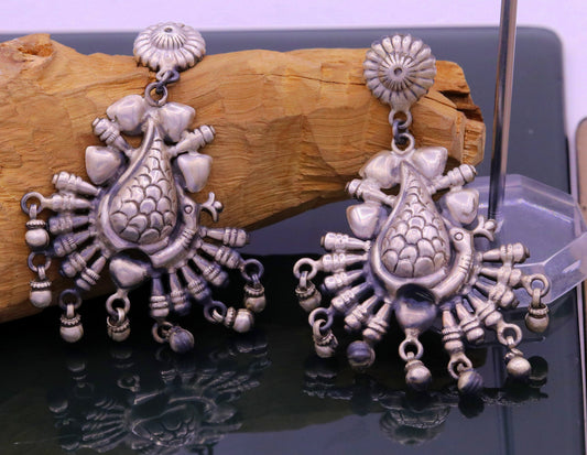 925 sterling silver handmade fabulous peacock stud earring dangle hanging drops bells, vintage design tribal jhumki belly dance jewelry s759 - TRIBAL ORNAMENTS