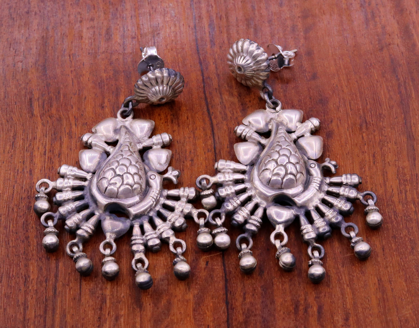 925 sterling silver handmade fabulous peacock stud earring dangle hanging drops bells, vintage design tribal jhumki belly dance jewelry s759 - TRIBAL ORNAMENTS