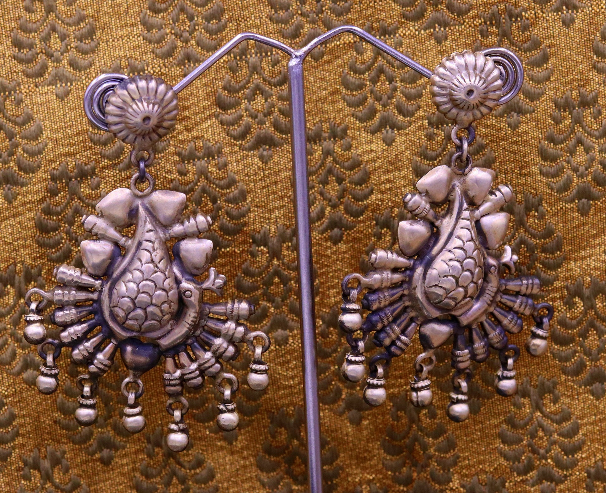 925 sterling silver handmade fabulous peacock stud earring dangle hanging drops bells, vintage design tribal jhumki belly dance jewelry s759 - TRIBAL ORNAMENTS
