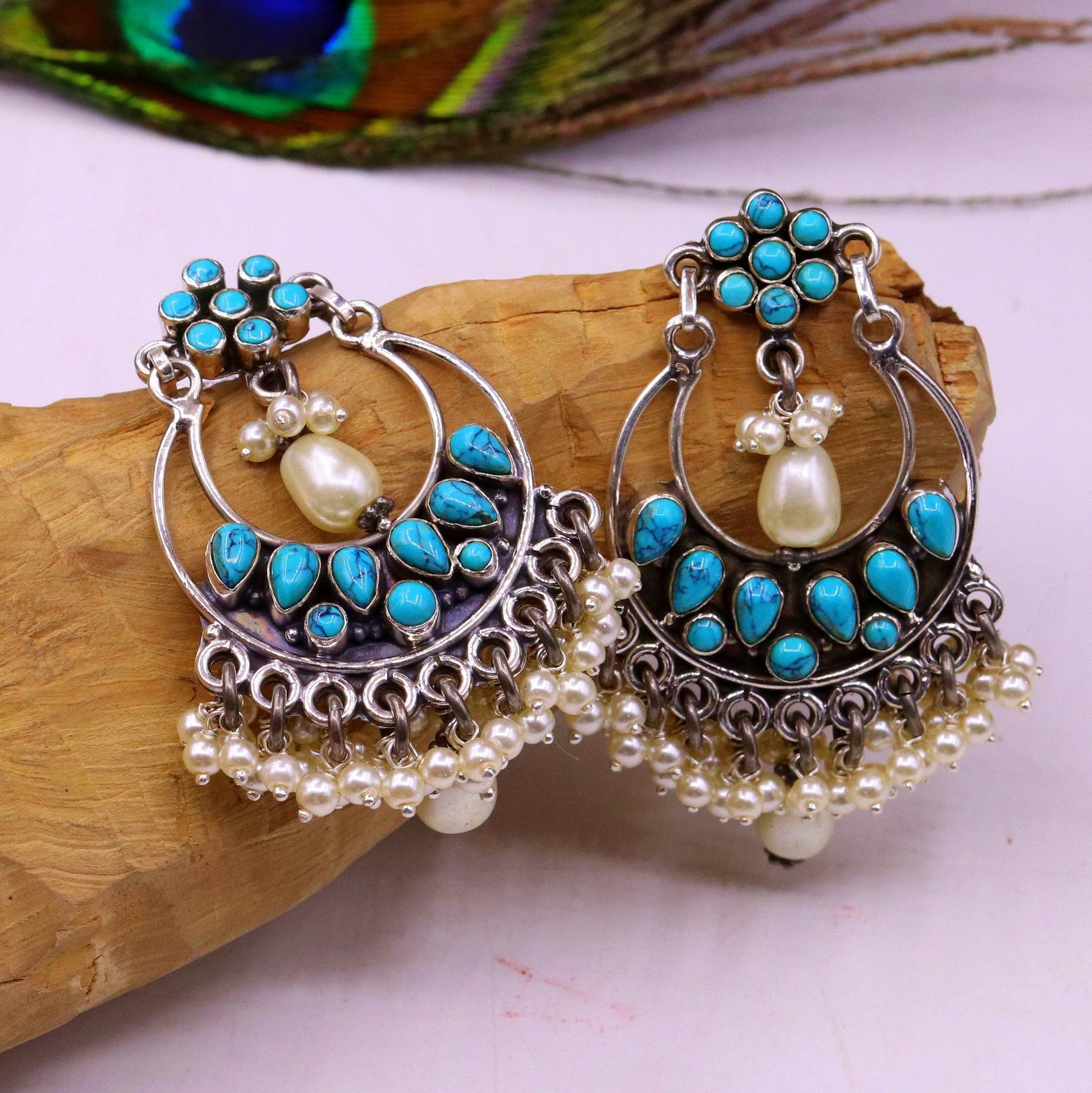 925 Sterling silver handmade fabulous pearl and turquoise stud earrings, best wedding brides collection charm earring dangler jewelry s710 - TRIBAL ORNAMENTS