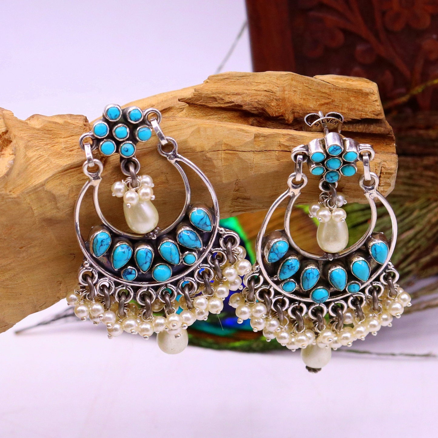 925 Sterling silver handmade fabulous pearl and turquoise stud earrings, best wedding brides collection charm earring dangler jewelry s710 - TRIBAL ORNAMENTS