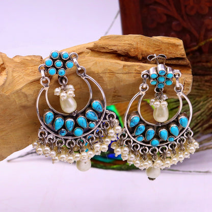 925 Sterling silver handmade fabulous pearl and turquoise stud earrings, best wedding brides collection charm earring dangler jewelry s710 - TRIBAL ORNAMENTS