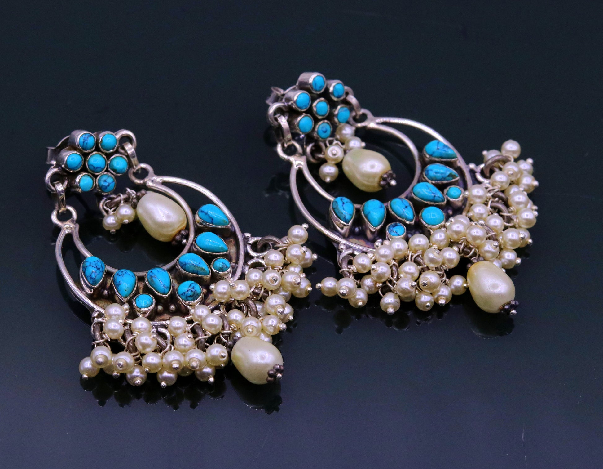 925 Sterling silver handmade fabulous pearl and turquoise stud earrings, best wedding brides collection charm earring dangler jewelry s710 - TRIBAL ORNAMENTS