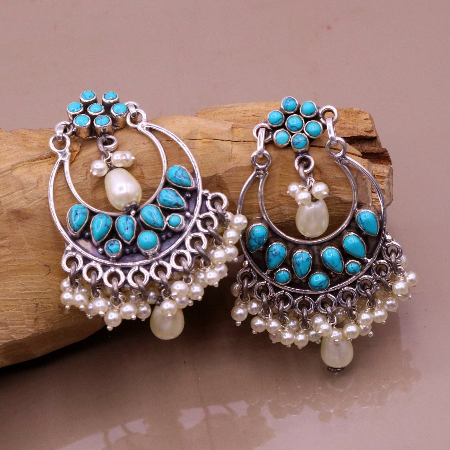 925 Sterling silver handmade fabulous pearl and turquoise stud earrings, best wedding brides collection charm earring dangler jewelry s710 - TRIBAL ORNAMENTS