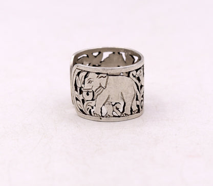 Unisex 925 sterling silver ring with detailed horse, camel, and elephant design, adjustable band, handmade tribal jewelry by TRIBAL ORNAMENTS.