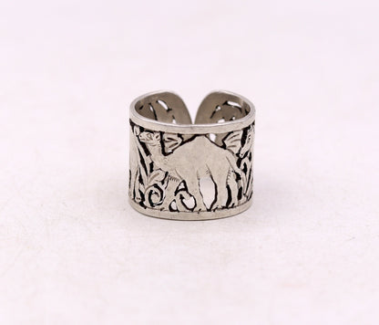 Unisex 925 sterling silver ring with detailed horse, camel, and elephant design, adjustable band, handmade tribal jewelry by TRIBAL ORNAMENTS.