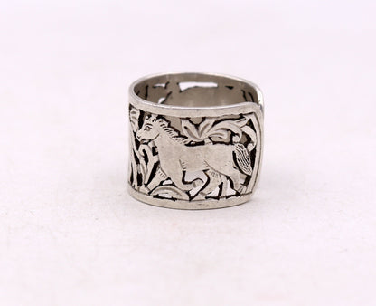 Sterling silver handmade ring with horse, camel, and elephant design, unisex adjustable band by TRIBAL ORNAMENTS.