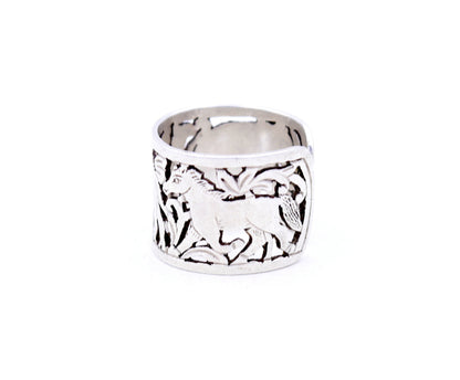 Unisex 925 sterling silver ring with detailed horse, camel, and elephant tribal design, adjustable band by TRIBAL ORNAMENTS.